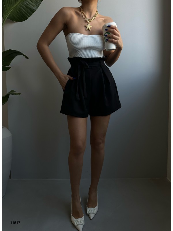 Yüksek Bel Kuşaklı Şort 11517-Siyah