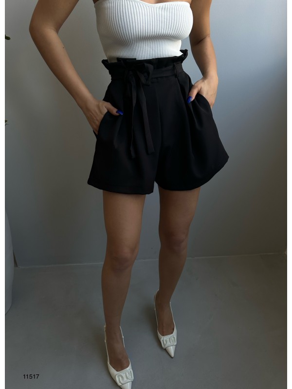 Yüksek Bel Kuşaklı Şort 11517-Siyah