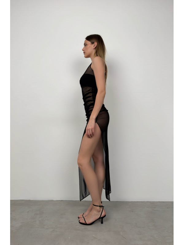 Tek Omuz Yırtmaç Detay Pareo 24S30003-Siyah