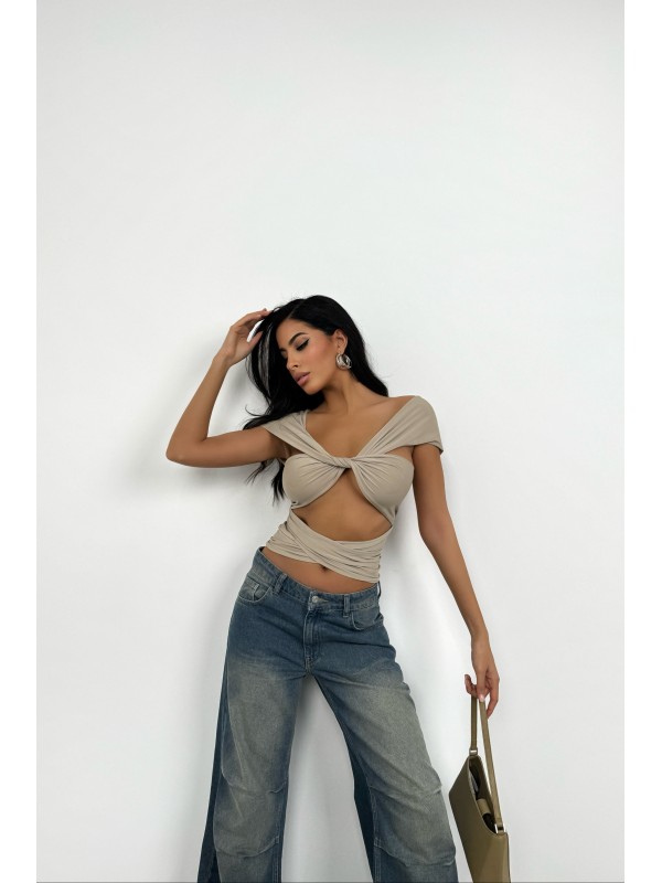 Düğüm Detay Straplez Crop Bluz 24S50014-Bej