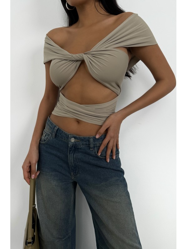 Düğüm Detay Straplez Crop Bluz 24S50014-Bej