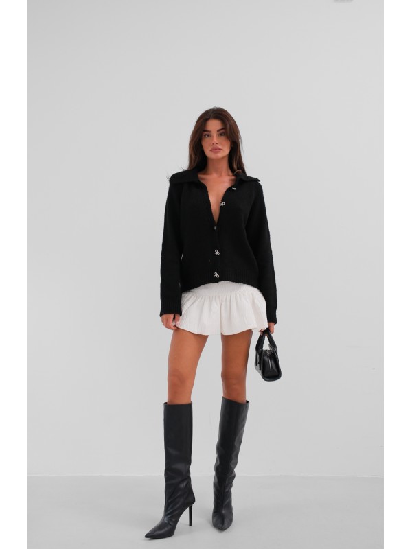 Taşlı Fiyonk Düğmeli Triko Hırka 24W21026-Siyah