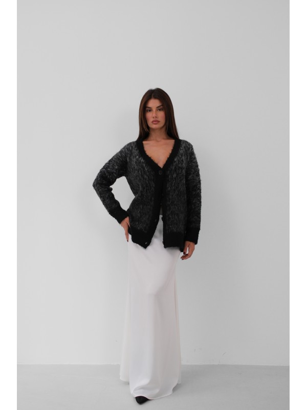 Tüylü Kontrast Renkli Triko Hırka 24W21030-Koyu Gri