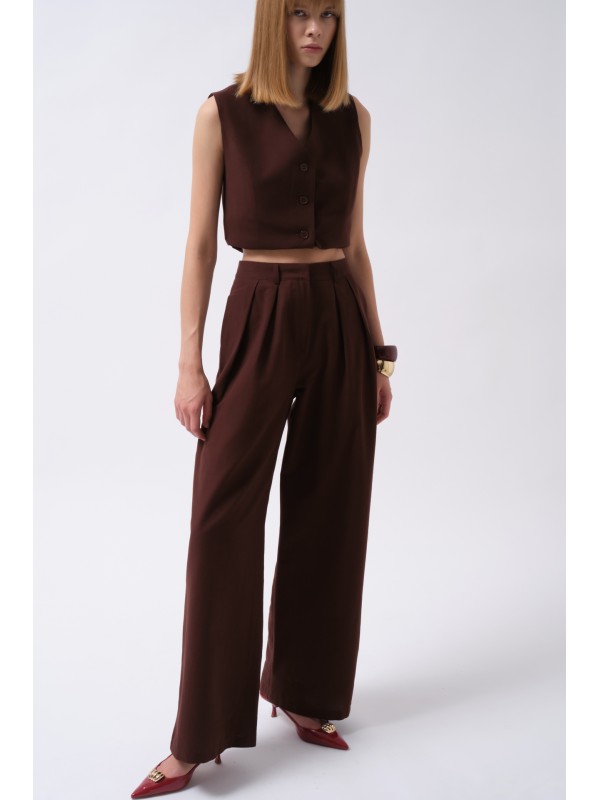 Çift Pileli Palazzo Pantolon 52201048-Kahverengi