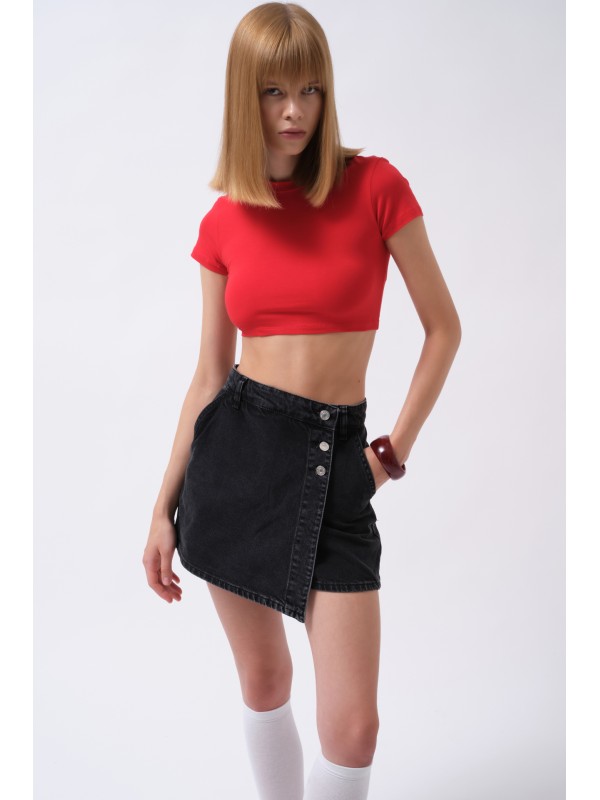 Düğme Detay Denim Mini Etek 52202032-Siyah