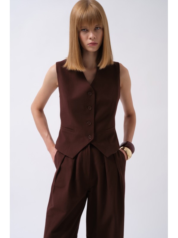 Flato Cepli Düğmeli Yelek 52212022-Kahverengi