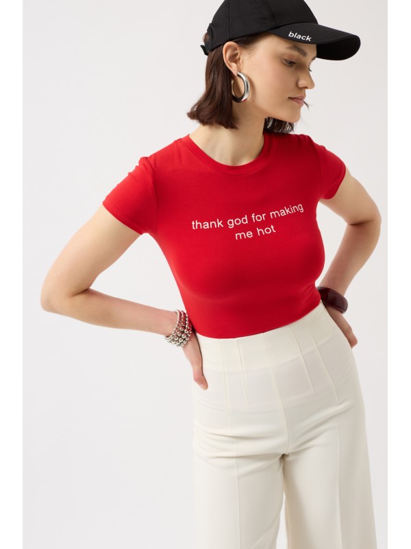 Thanks God Baskılı Likralı Crop T-Shirt 52217044-Kırmızı