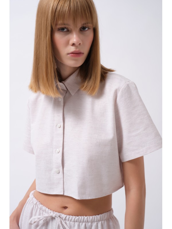 Crop Keten Gömlek 52218017-Bej