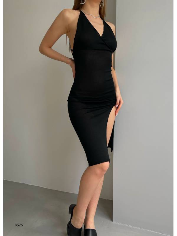 Kruvaze Yaka Yırtmaçlı Pareo 6575-Siyah