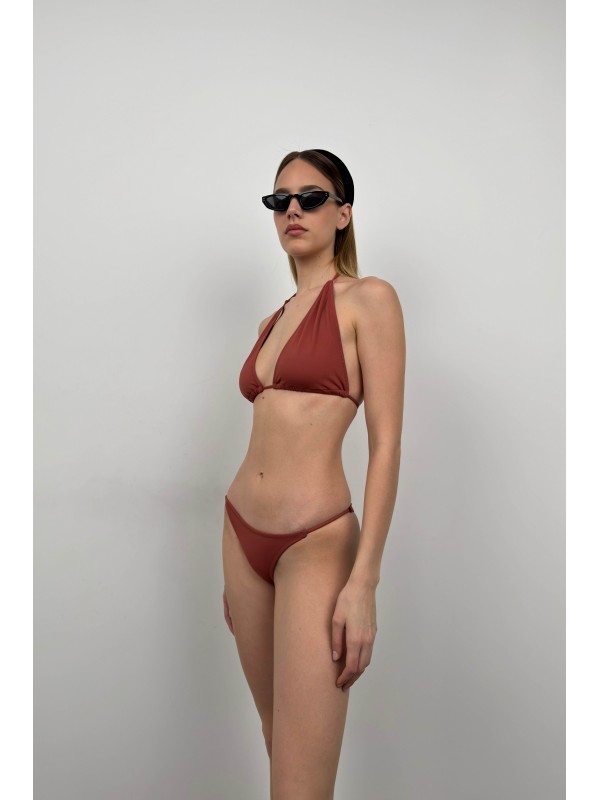Üçgen Büzgülü Bikini Takım 8523-Kahverengi