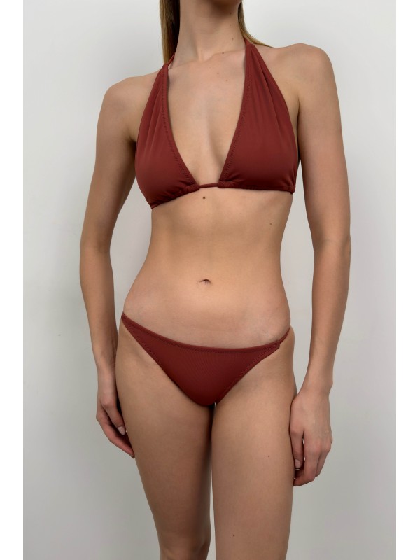 Üçgen Büzgülü Bikini Takım 8523-Kahverengi