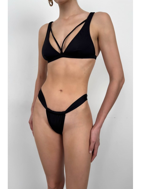 Biye Detay Büzgülü Bikini Takım 8531-Siyah