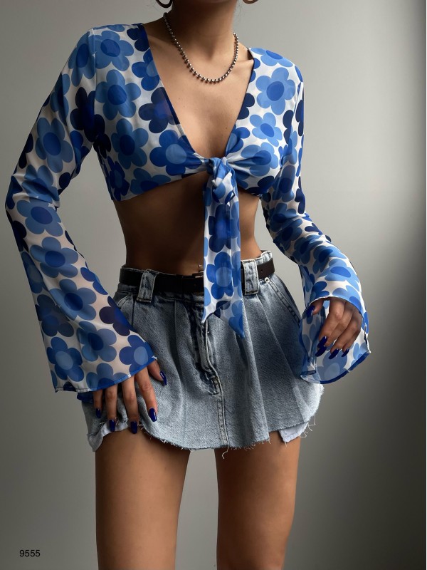 Bağlamalı Desenli Şifon Bluz 9555-Mavi