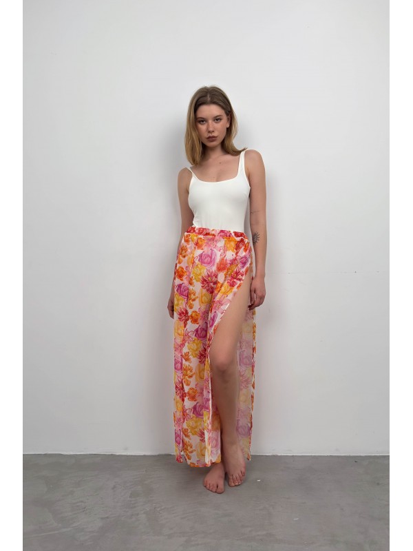 Çift Yırtmaçlı Desenli Pareo 9574-Turuncu-Beyaz