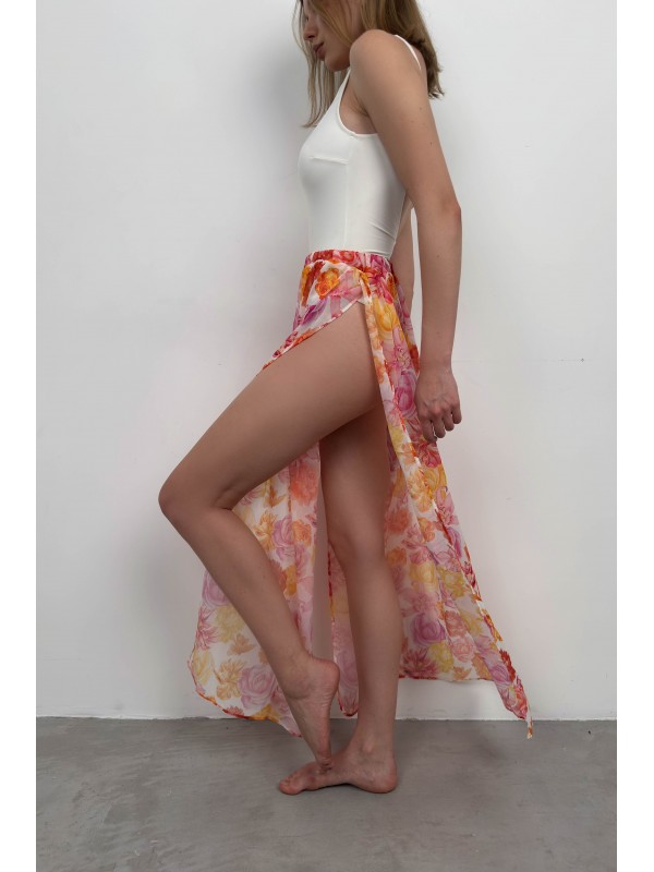 Çift Yırtmaçlı Desenli Pareo 9574-Turuncu-Beyaz