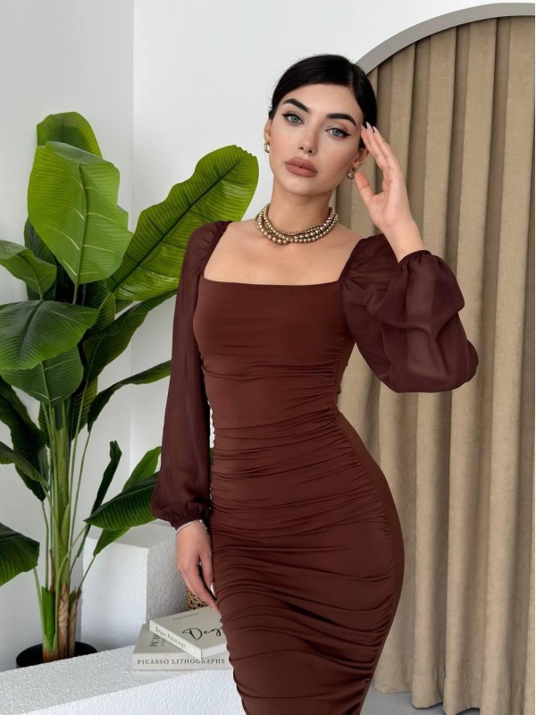 Engla Kolları Tül Detaylı Elbise ETK-00153-kahve