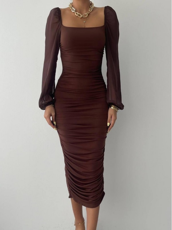 Engla Kolları Tül Detaylı Elbise ETK-00153-kahve