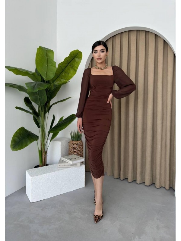 Engla Kolları Tül Detaylı Elbise ETK-00153-kahve