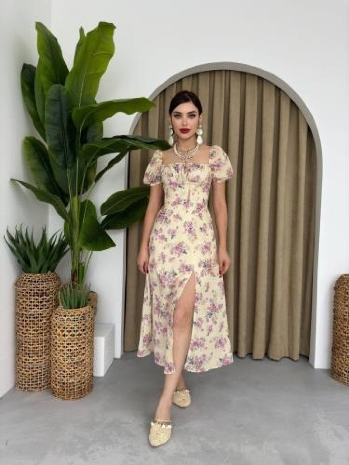 Zeze Balon Kol Elbise ETK-00341-bej