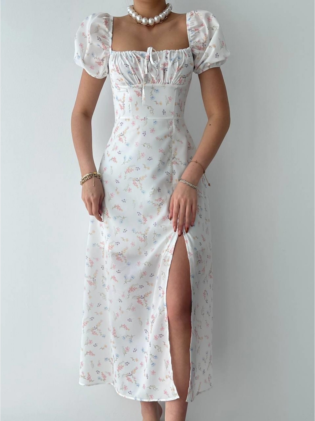 Zeze Balon Kol Elbise ETK-00341-beyaz