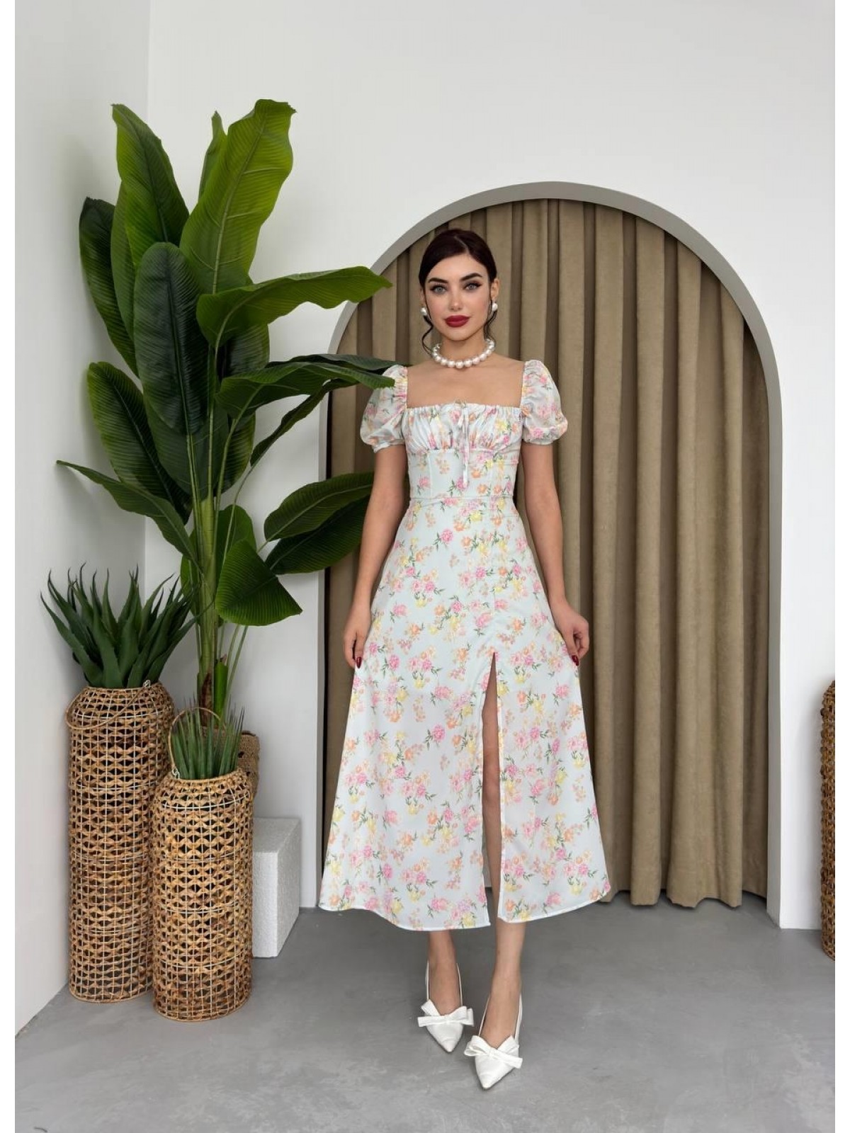 Zeze Balon Kol Elbise ETK-00341-beyaz