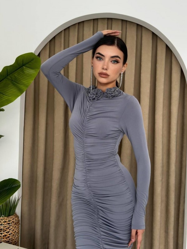 Carlis Gül Yaka Elbise ETK-00438-gri