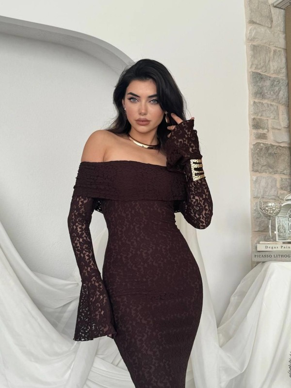 Arya Straplez Dantel Elbise ETK-00523-kahve