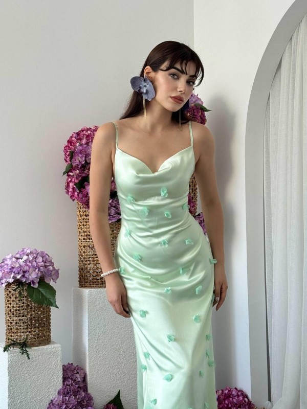 Dora Çiçek Detaylı Elbise ETK-00651-yesil