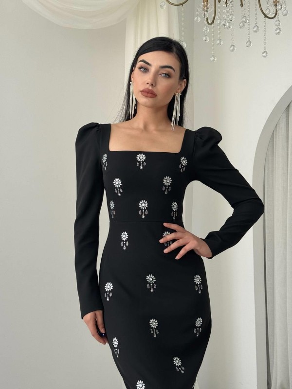 Pera Taş Detaylı Elbise ETK-00767-siyah