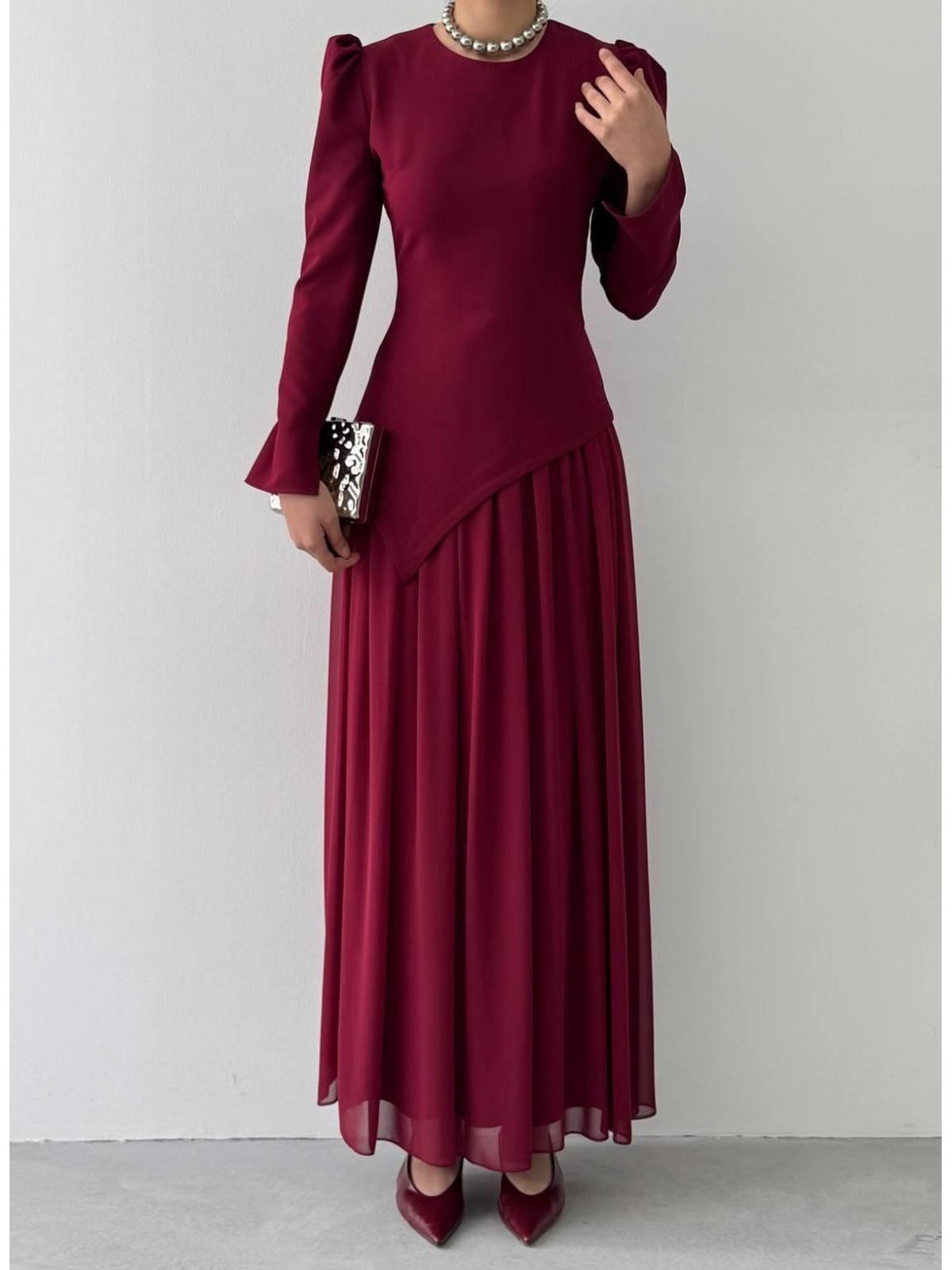 Elor Asimetrik Drapeli Elbise ETK-00793-bordo