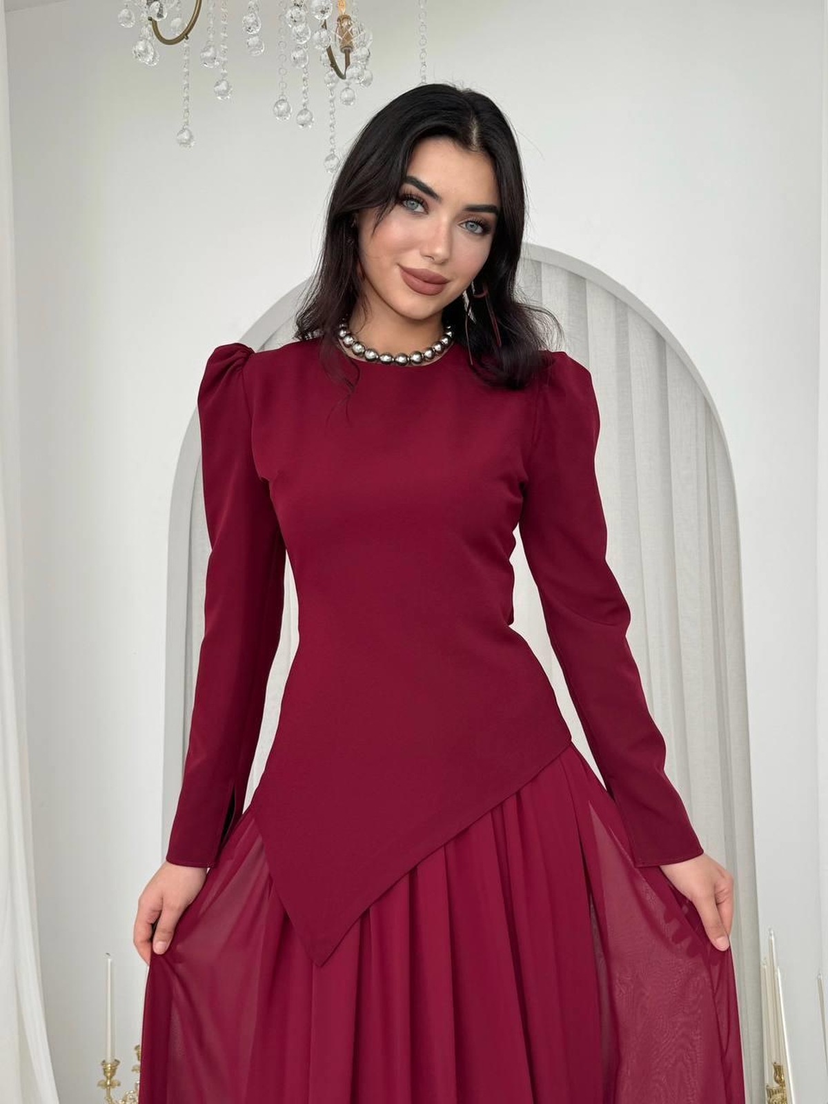 Elor Asimetrik Drapeli Elbise ETK-00793-bordo