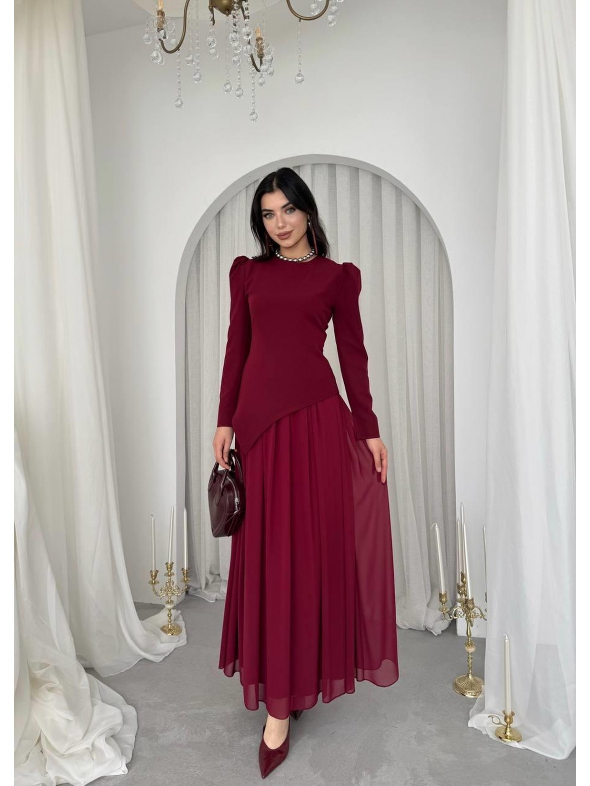 Elor Asimetrik Drapeli Elbise ETK-00793-bordo