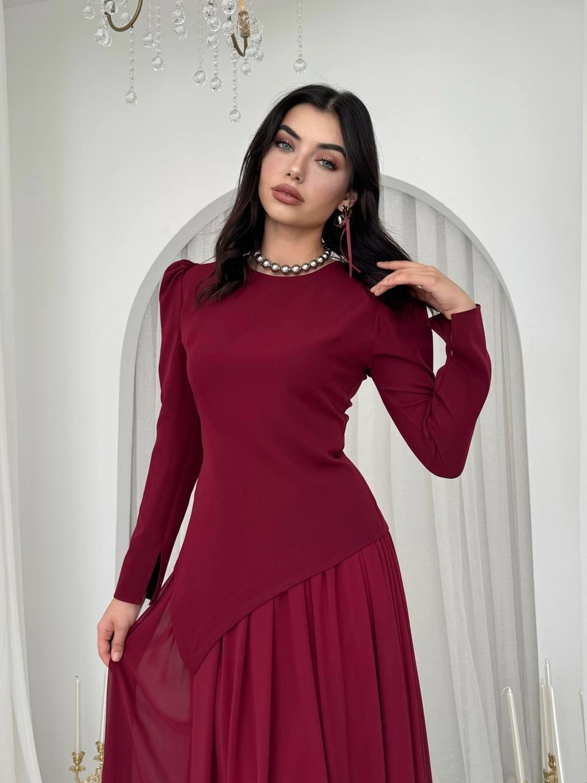 Elor Asimetrik Drapeli Elbise ETK-00793-bordo