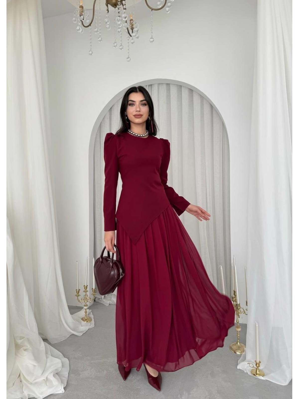 Elor Asimetrik Drapeli Elbise ETK-00793-bordo