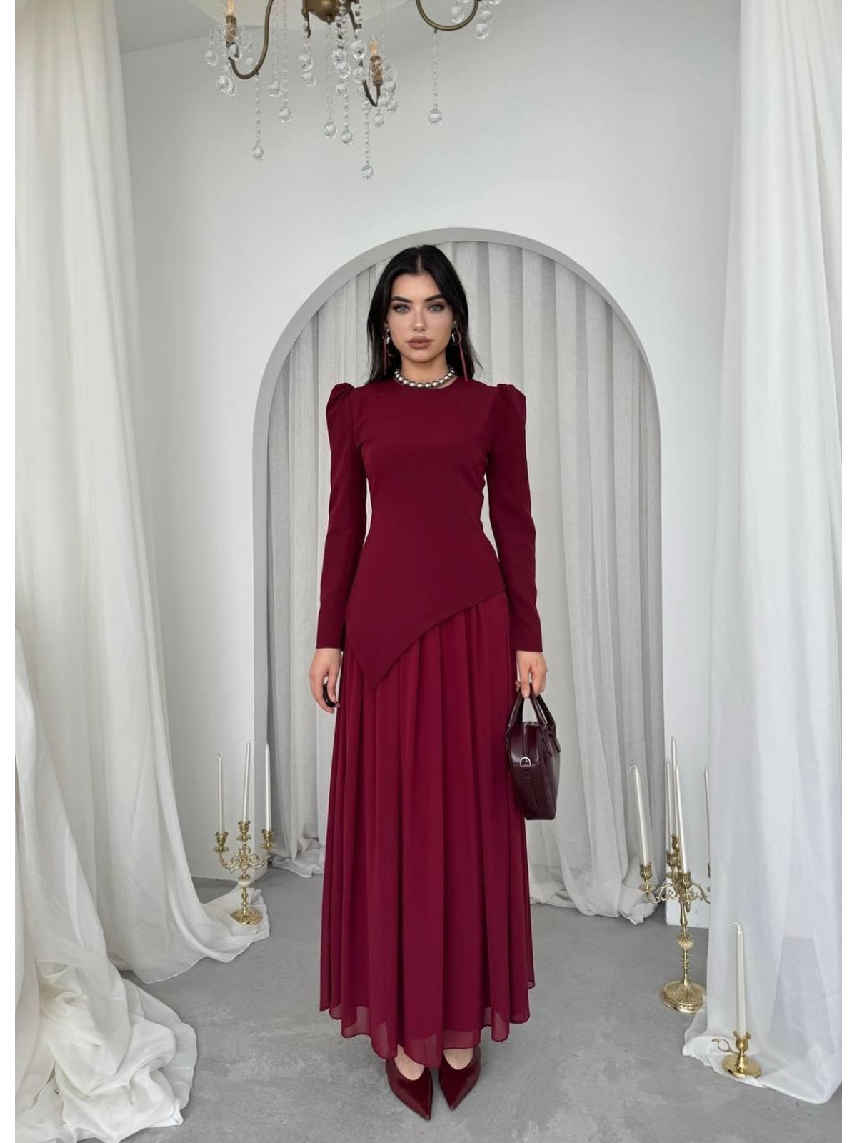 Elor Asimetrik Drapeli Elbise ETK-00793-bordo