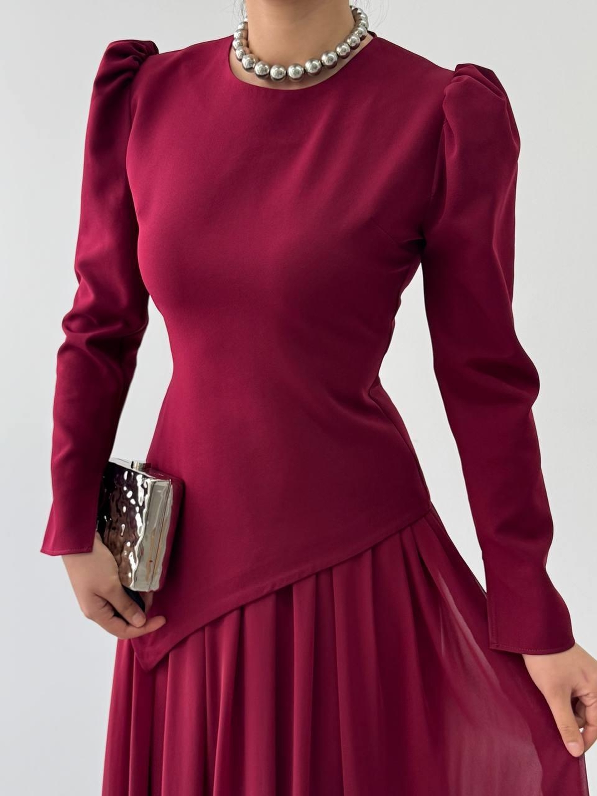 Elor Asimetrik Drapeli Elbise ETK-00793-bordo