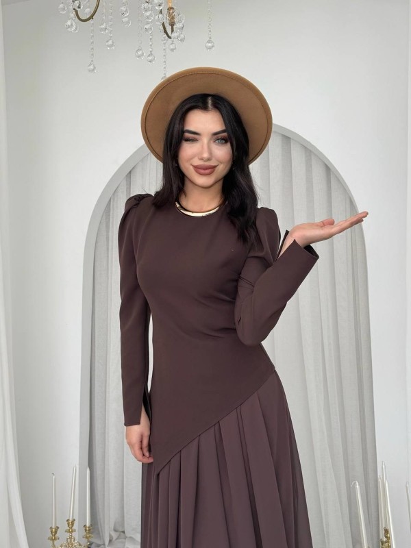 Elor Asimetrik Drapeli Elbise ETK-00793-kahve