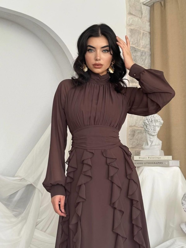 Amra Fırfırlı Elbise ETK-00796-kahve