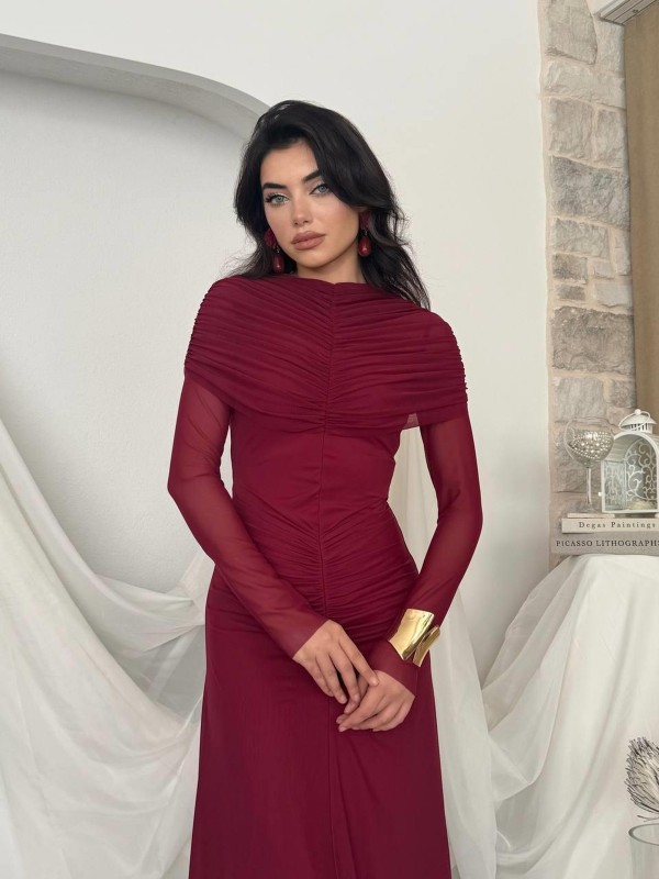 Novia Büzgülü Elbise ETK-00799-bordo