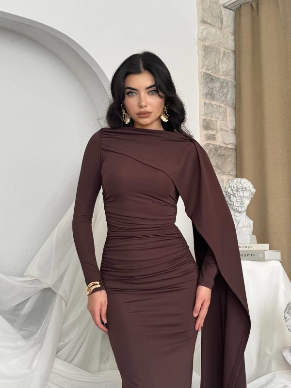 Orlean Şal Kol Detaylı Elbise ETK-00803-kahve