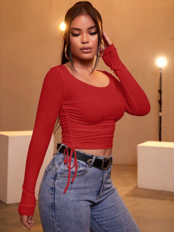 Kadın Uzun Kollu Yanlar Büzgü Detay Kaşkorse Crop, 9966
