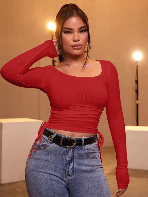 Kadın Uzun Kollu Yanlar Büzgü Detay Kaşkorse Crop, 9966