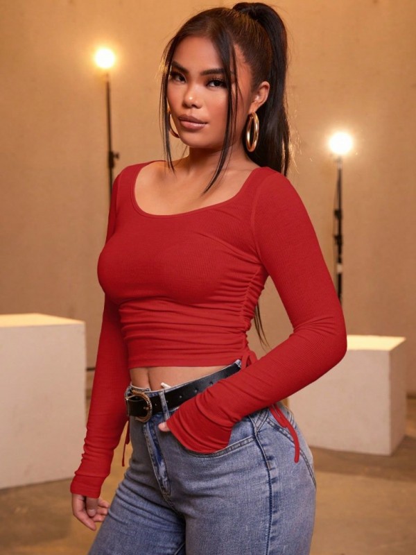 Kadın Uzun Kollu Yanlar Büzgü Detay Kaşkorse Crop, 9966