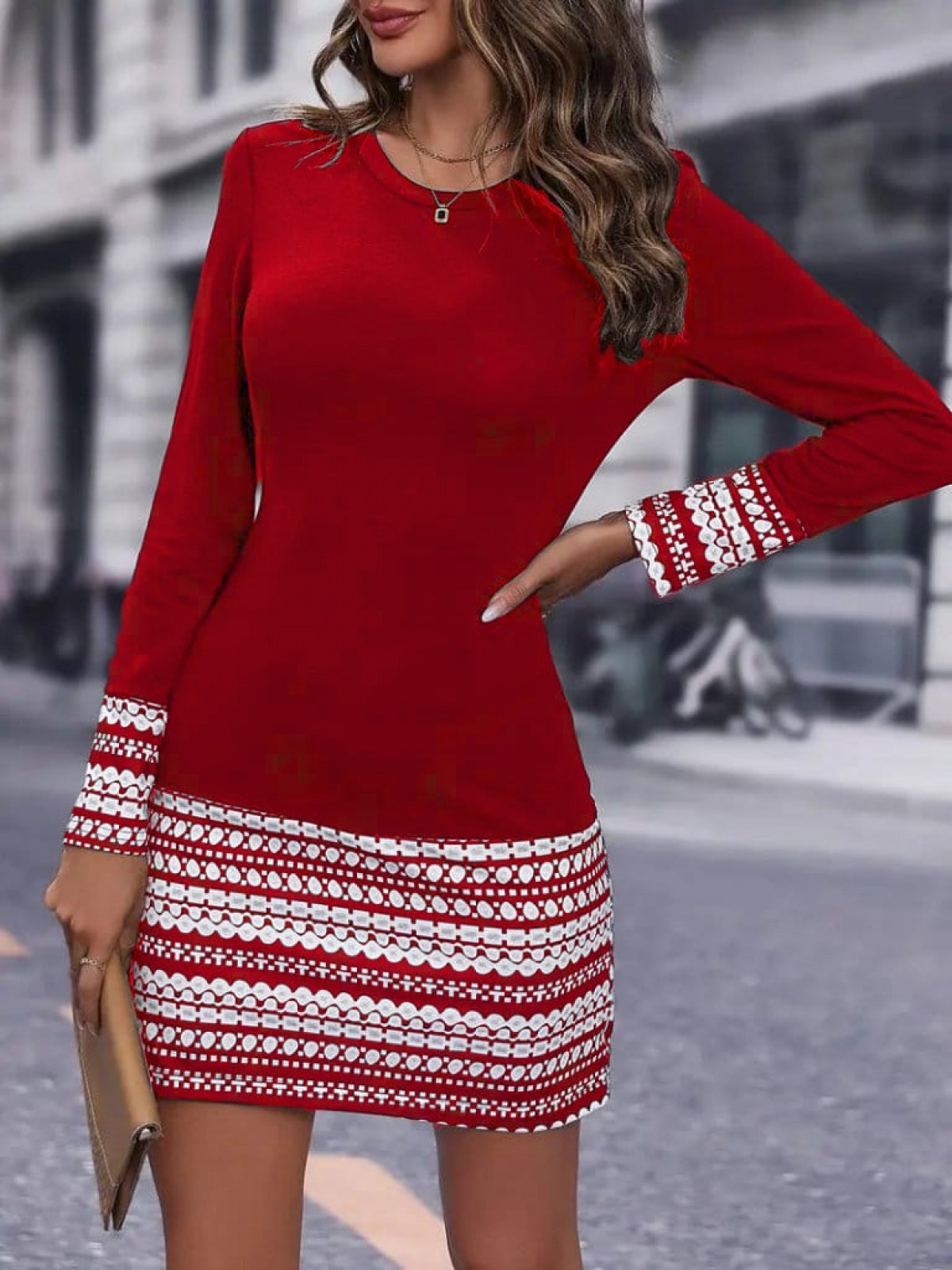 Kadın Uzun Kollu Bisiklet Yaka Kol Ağzı Ve Etek Ucu Baskılı Iki Iplik Elbise, 28926