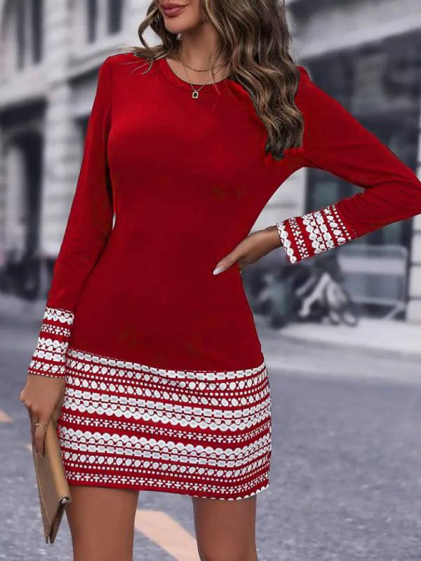 Kadın Uzun Kollu Bisiklet Yaka Kol Ağzı Ve Etek Ucu Baskılı Iki Iplik Elbise, 20088
