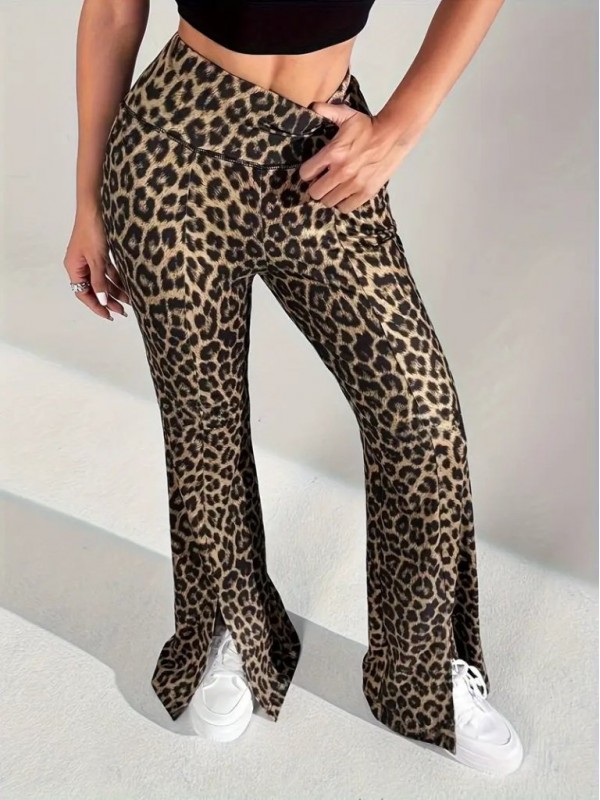 Kadın Yüksek Bel Leopar Desenli Yırtmaçlı Dalgıç Tayt, 28081