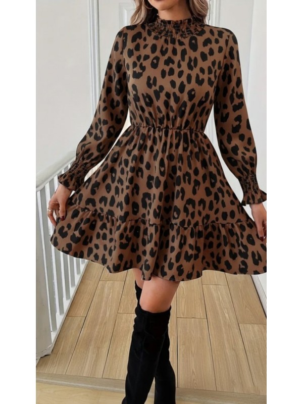 Kadın Uzun Kollu Yarı Balıkçı Yaka Leopar Desenli Modal Mini Elbise , 29395