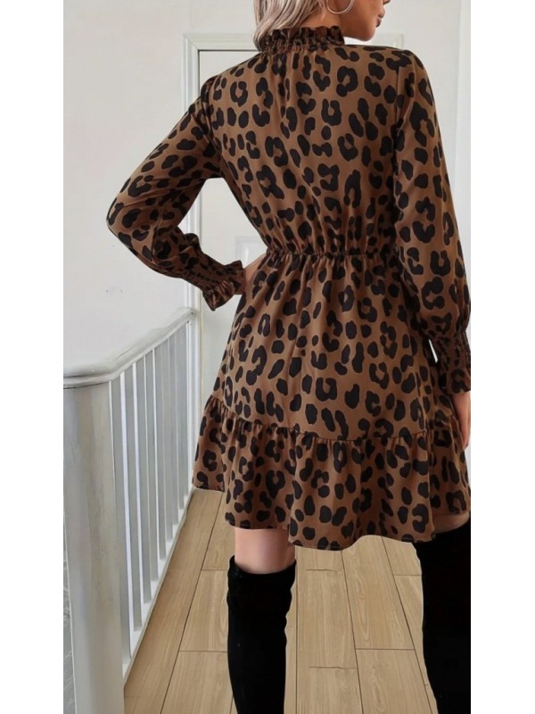 Kadın Uzun Kollu Yarı Balıkçı Yaka Leopar Desenli Modal Mini Elbise , 29395