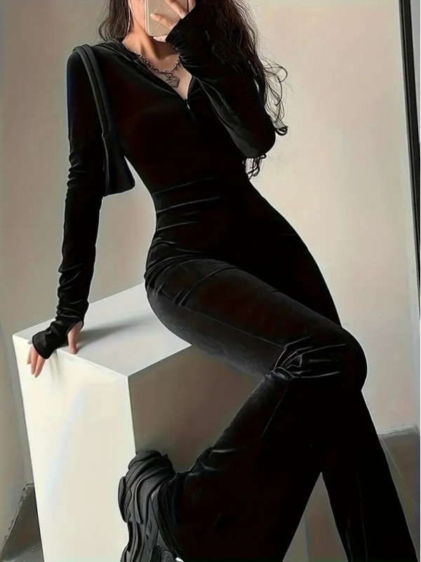 Kadın Uzun Kollu Kapşonlu Fermuarlı Kadife Tulum , 28301