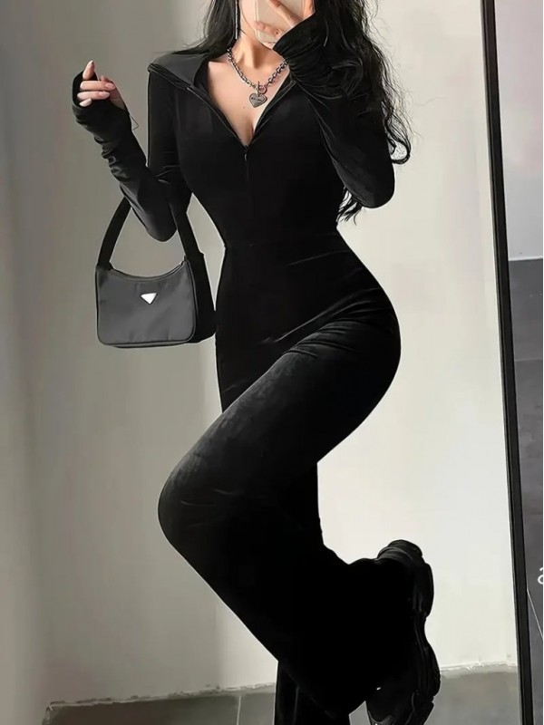 Kadın Uzun Kollu Kapşonlu Fermuarlı Kadife Tulum , 28301